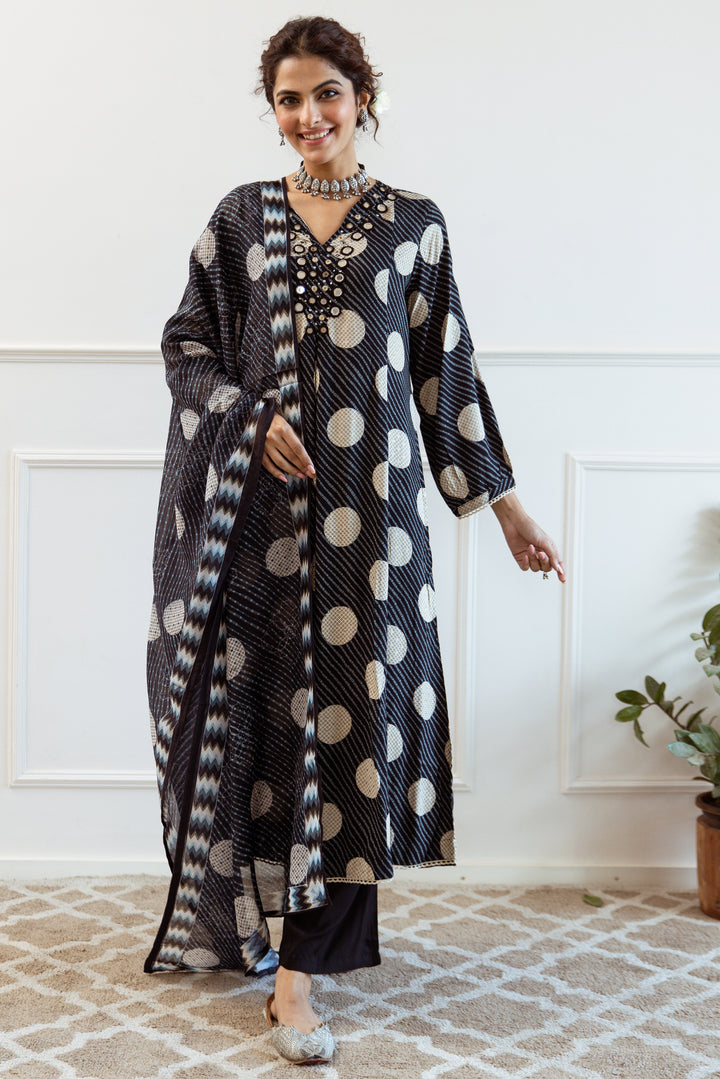 Women's Black German Rayon Kurta Pant and Dupatta Set