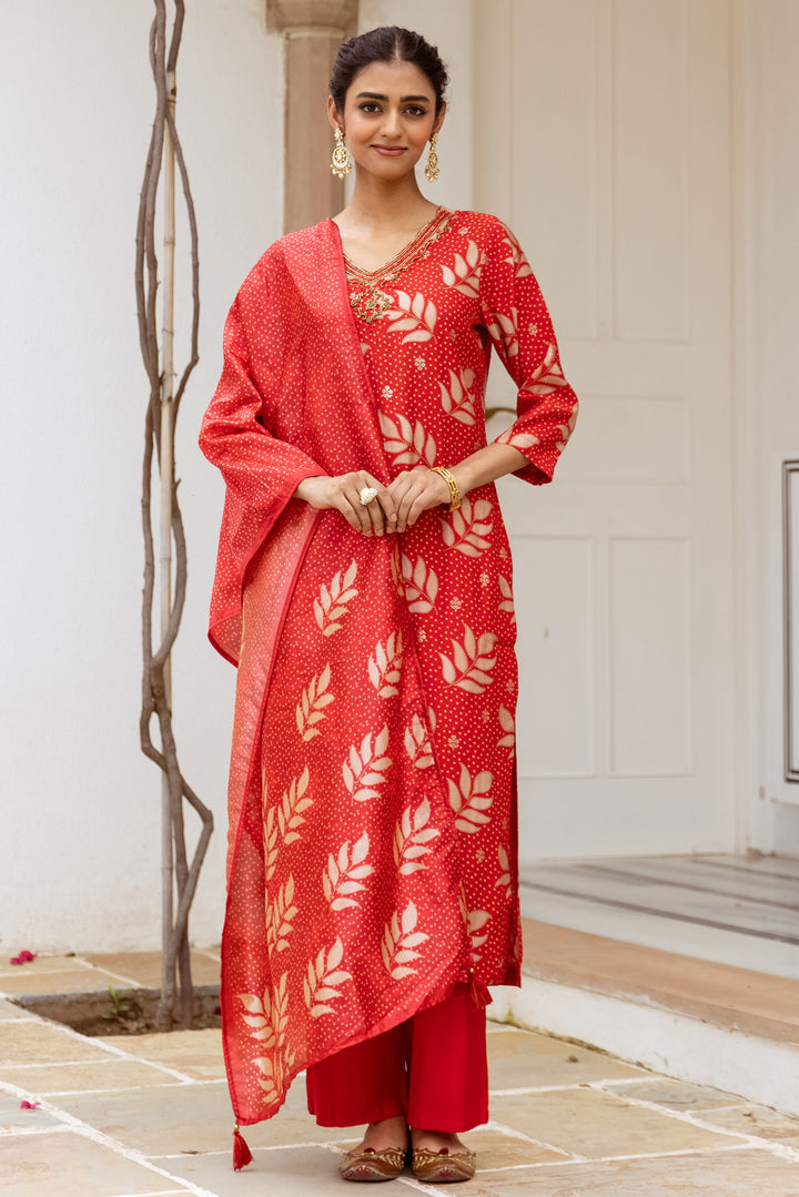 Women's Red Modal Muslin Kurta Pant and Dupatta Set