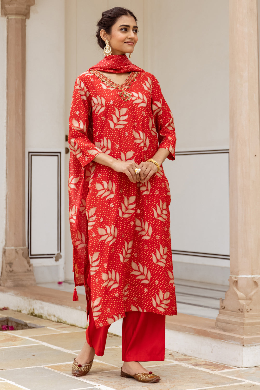 Women's Red Modal Muslin Kurta Pant and Dupatta Set