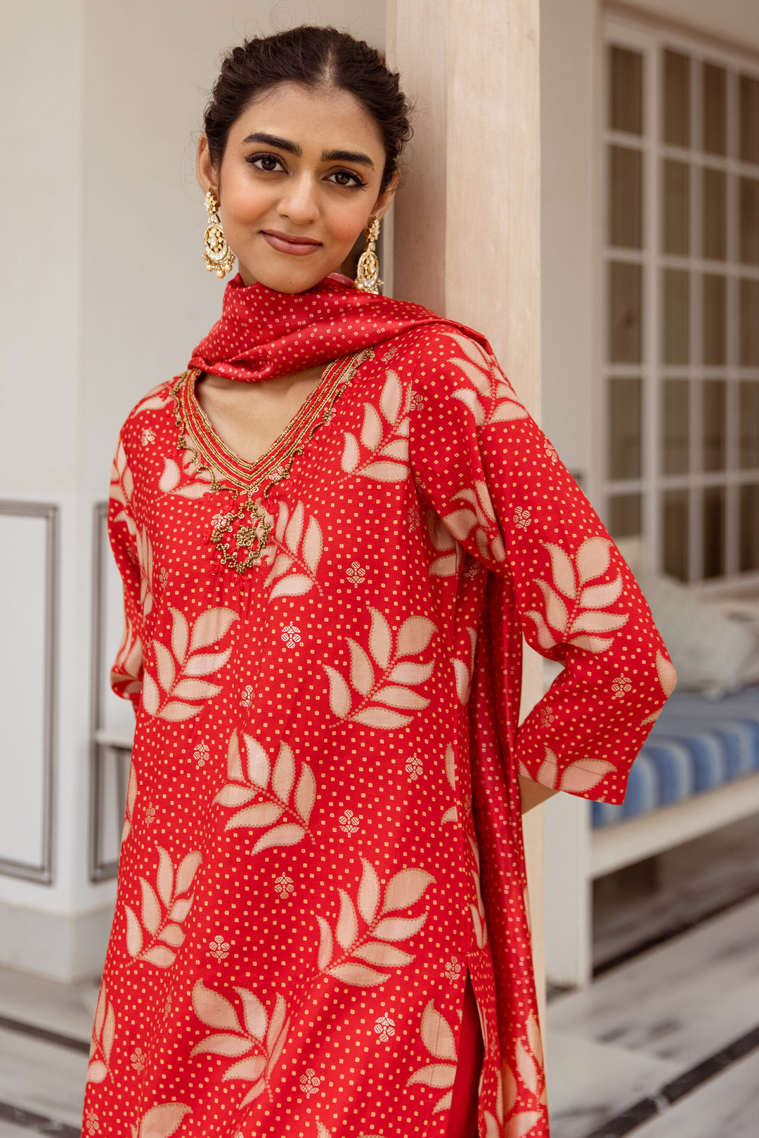 Women's Red Modal Muslin Kurta Pant and Dupatta Set