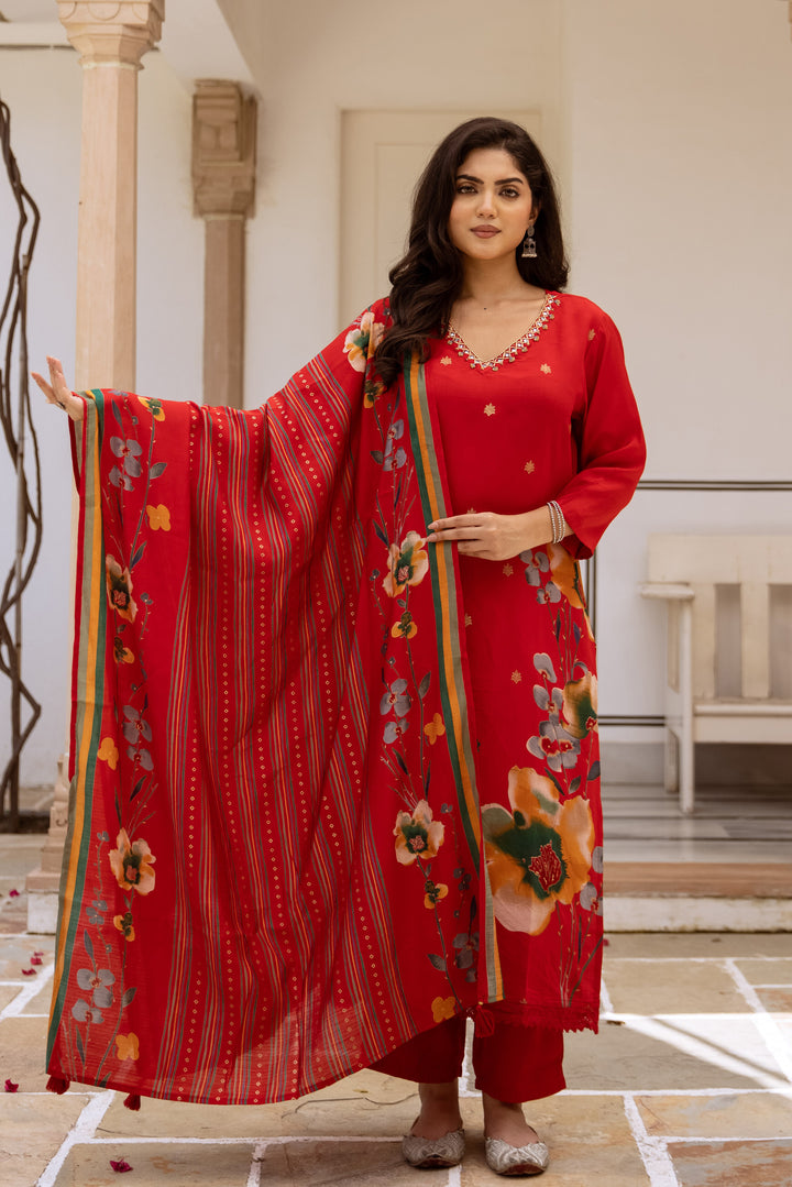 Women's Red Modal Muslin Kurta Pant and Dupatta Set