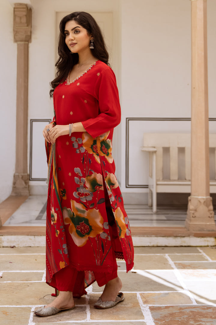 Women's Red Modal Muslin Kurta Pant and Dupatta Set