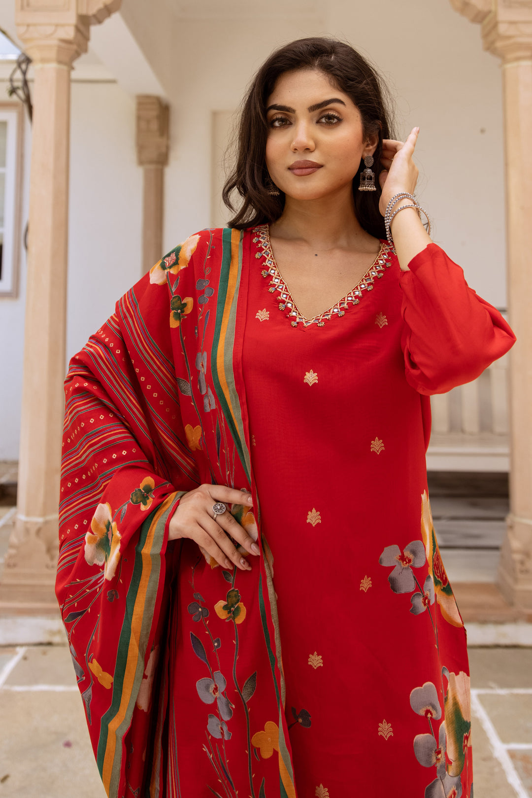 Women's Red Modal Muslin Kurta Pant and Dupatta Set