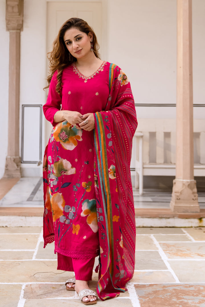 Women's Pink Modal Muslin Kurta Pant and Dupatta Set