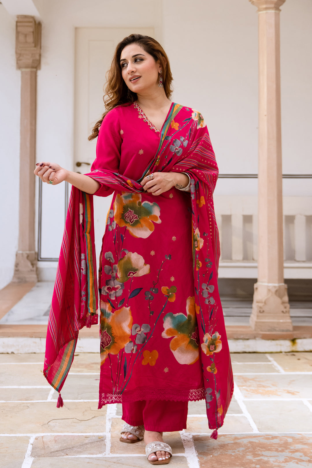 Women's Pink Modal Muslin Kurta Pant and Dupatta Set