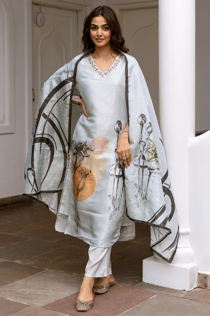 Women's Grey Tissue Silk Kurta Pant and Dupatta Set