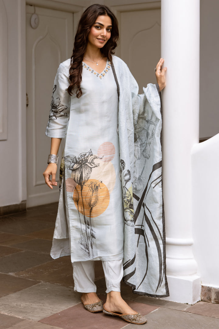 Women's Grey Tissue Silk Kurta Pant and Dupatta Set