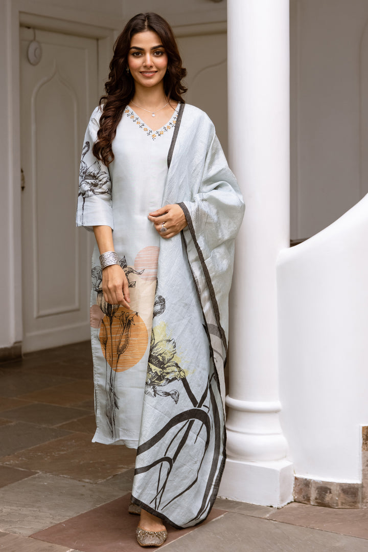 Women's Grey Tissue Silk Kurta Pant and Dupatta Set