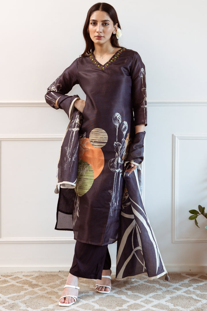 Women's Black Tissue Silk Kurta Pant and Dupatta Set