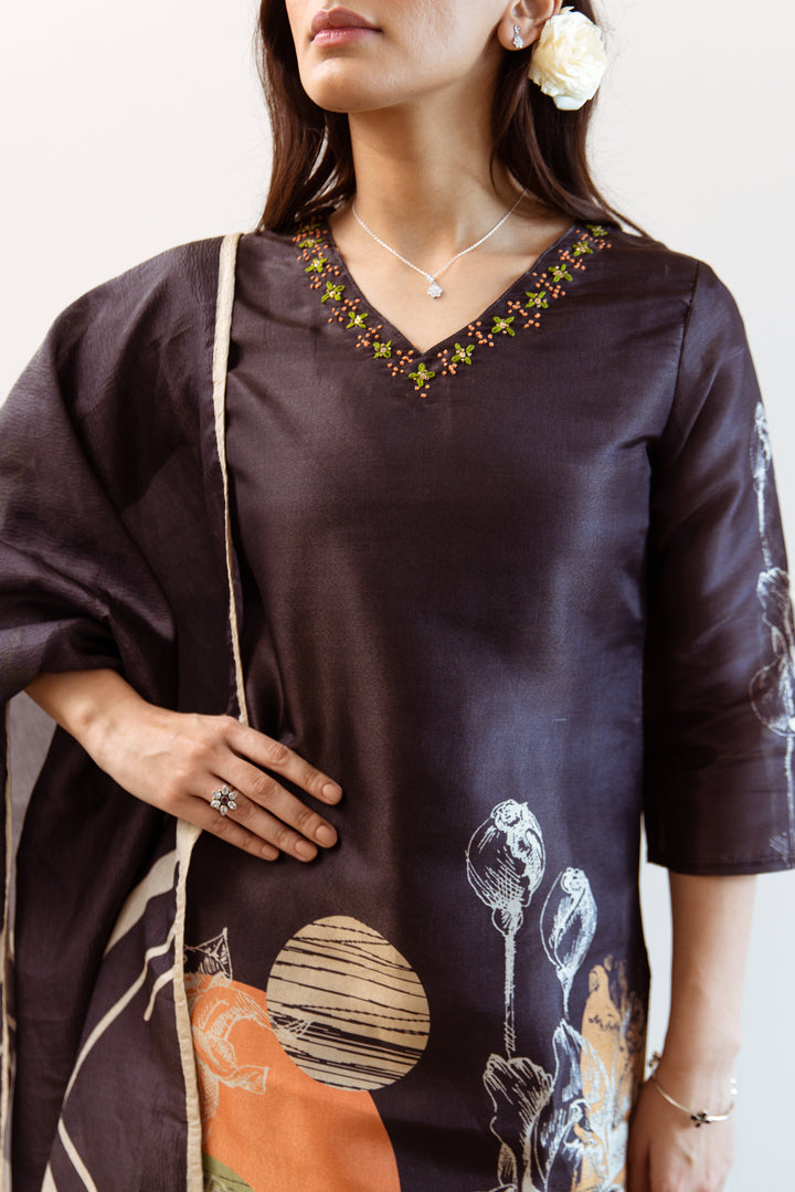 Women's Black Tissue Silk Kurta Pant and Dupatta Set