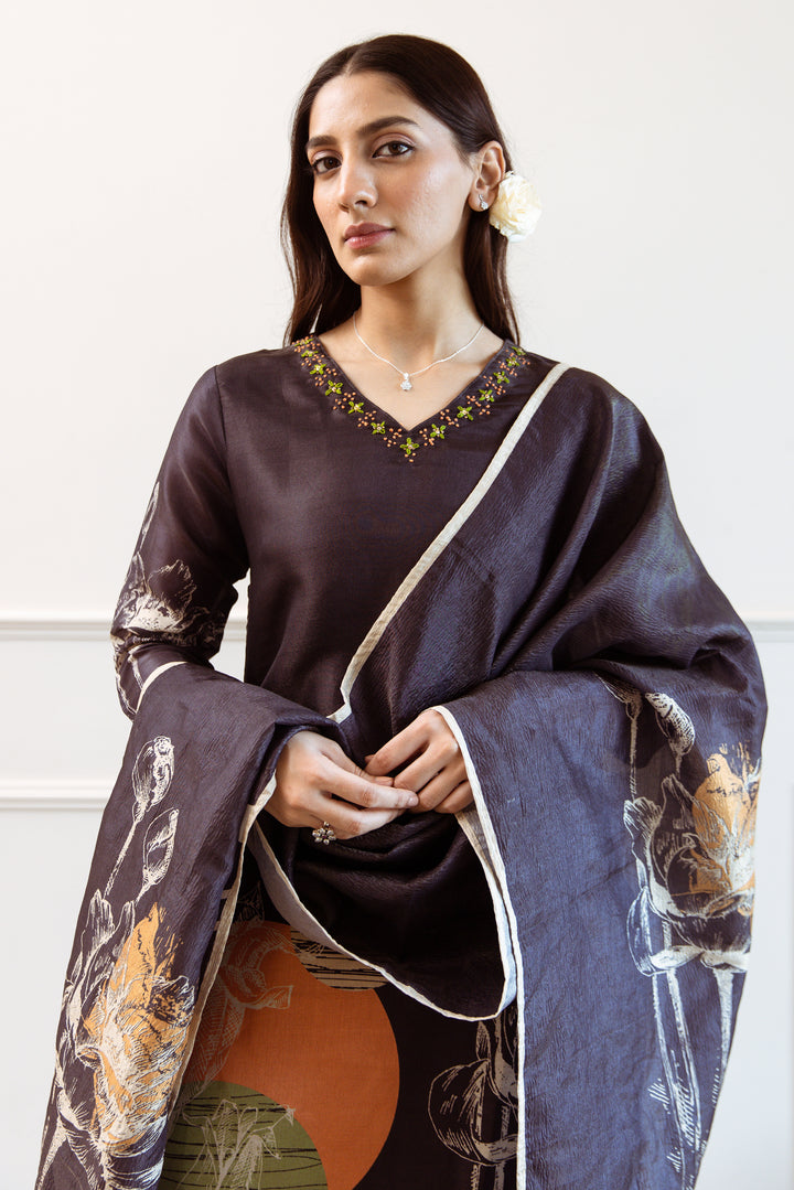 Women's Black Tissue Silk Kurta Pant and Dupatta Set