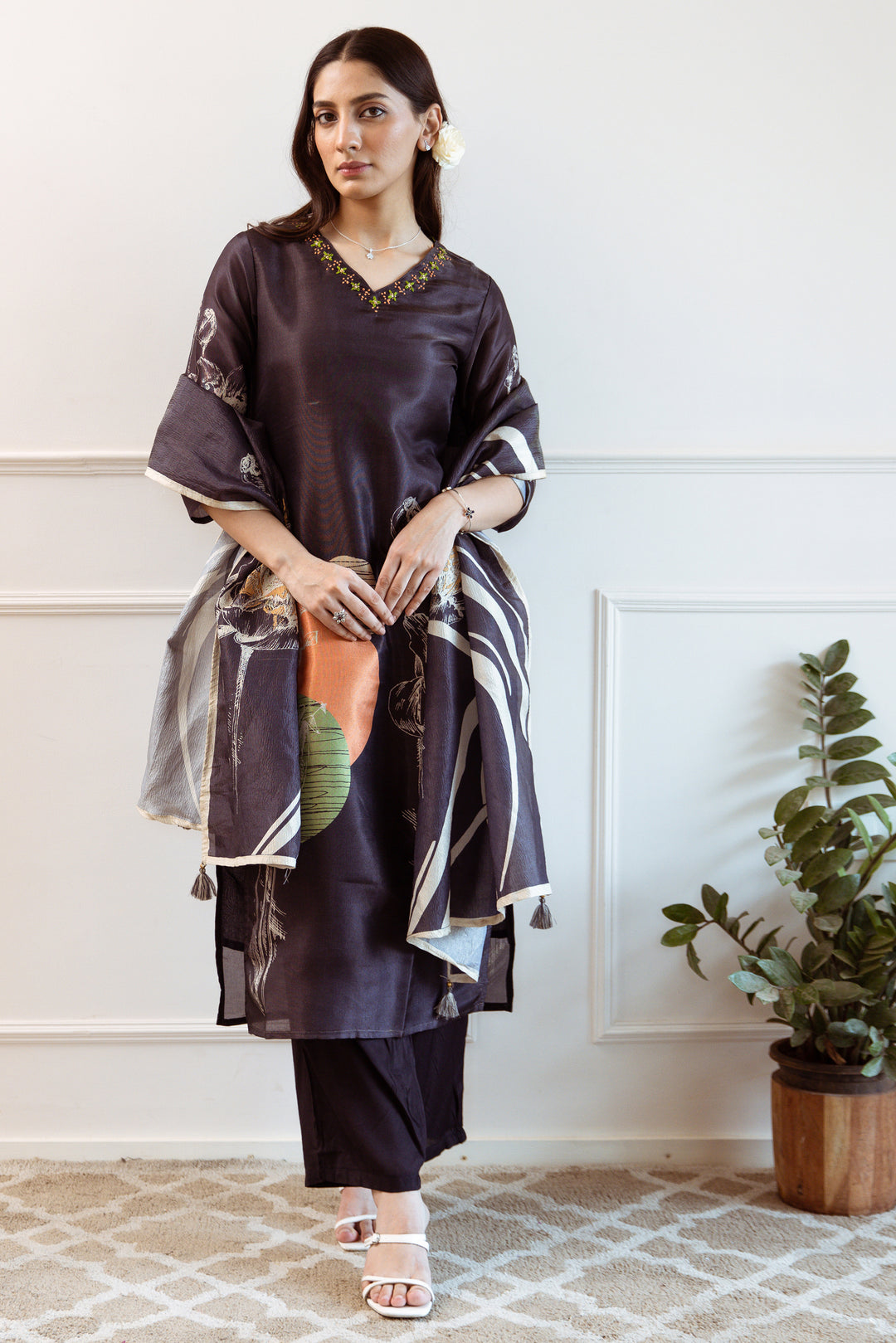 Women's Black Tissue Silk Kurta Pant and Dupatta Set