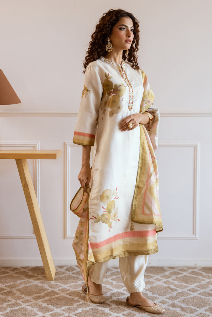 Women's Cream Tissue Silk Kurta Pant and Dupatta Set