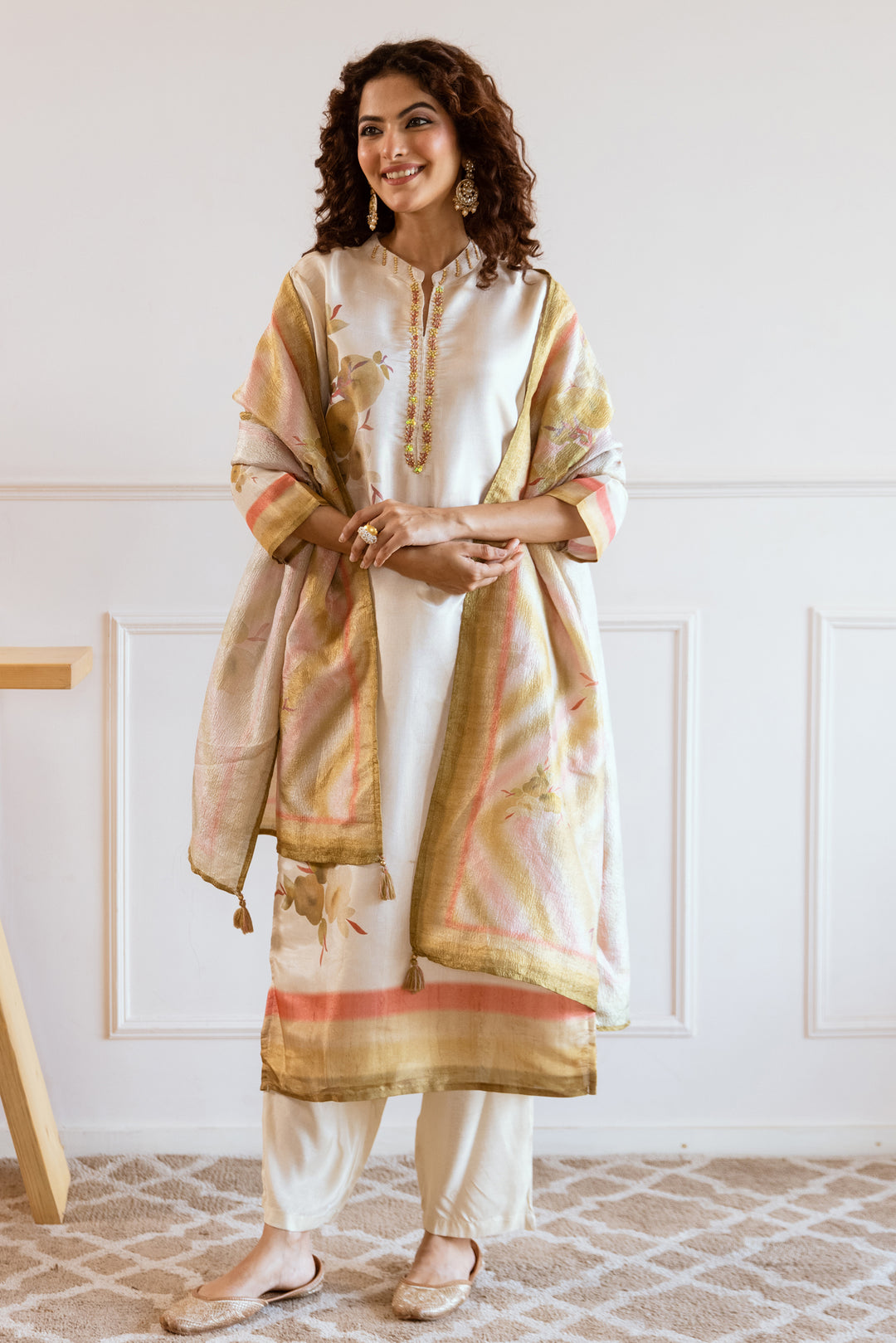 Women's Cream Tissue Silk Kurta Pant and Dupatta Set