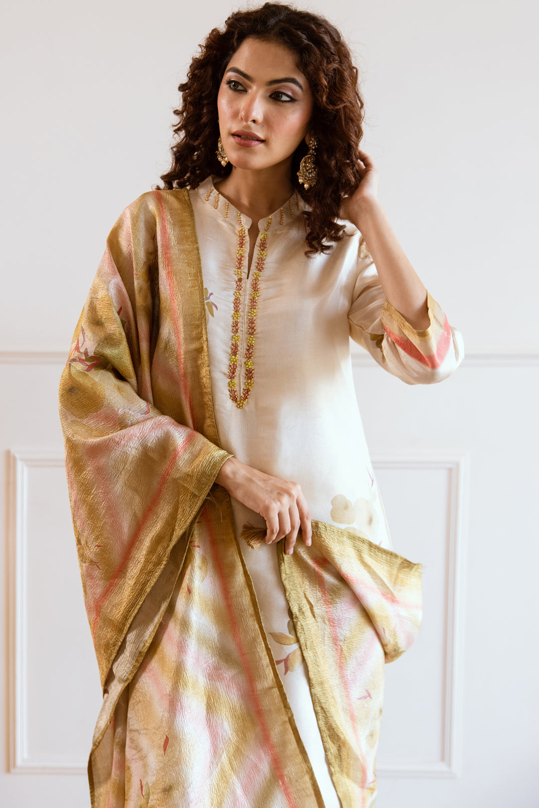 Women's Cream Tissue Silk Kurta Pant and Dupatta Set