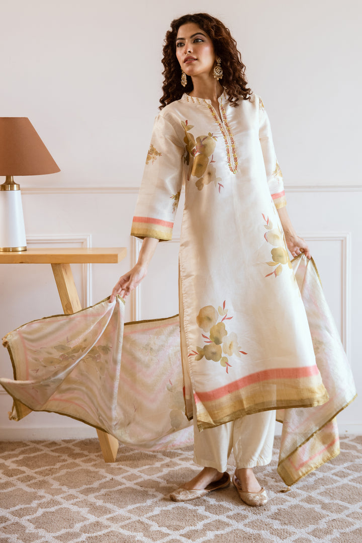 Women's Cream Tissue Silk Kurta Pant and Dupatta Set