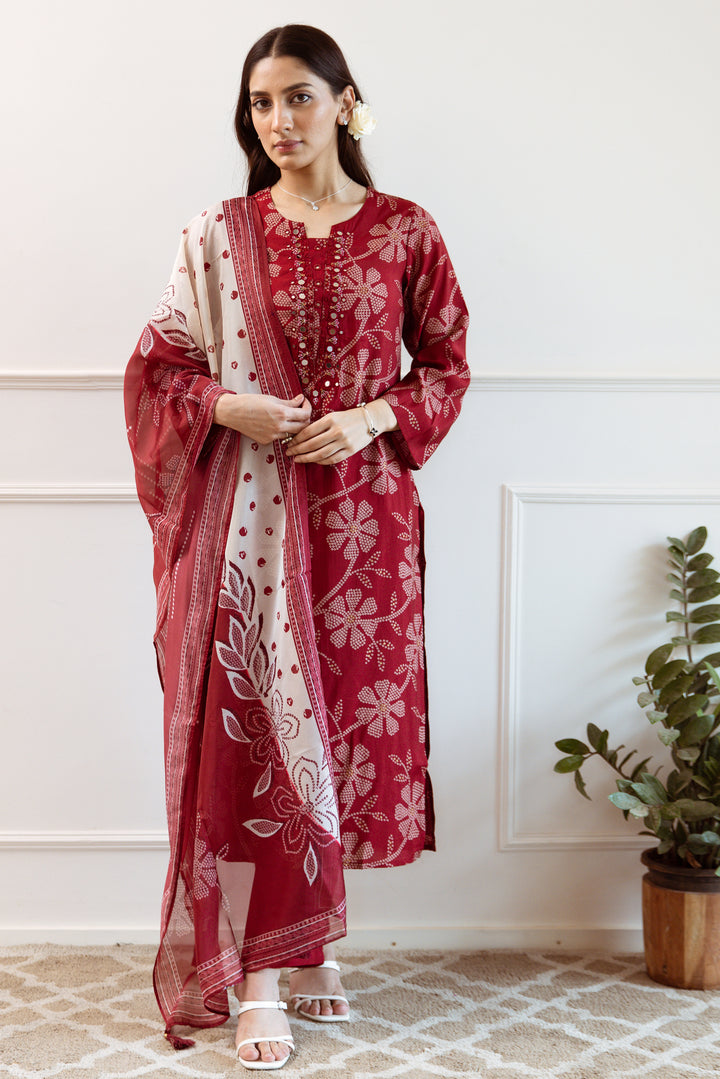 Women's Red Modal Muslin Kurta Pant and Dupatta Set