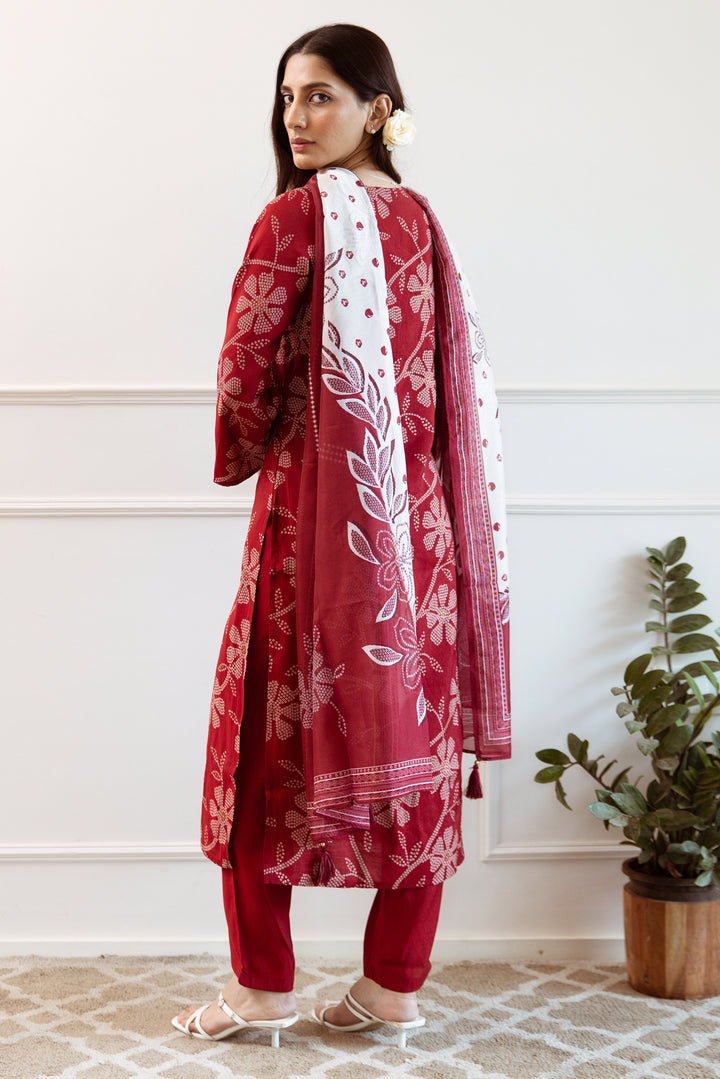 Women's Red Modal Muslin Kurta Pant and Dupatta Set