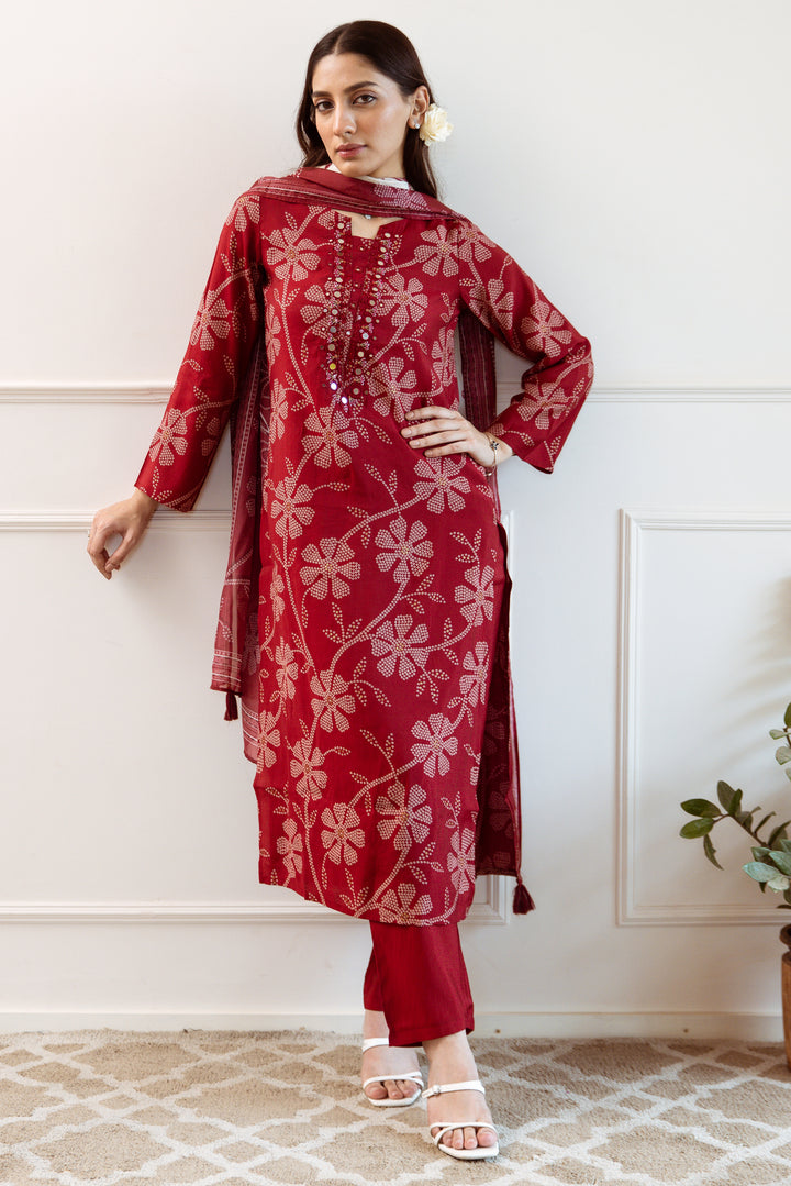 Women's Red Modal Muslin Kurta Pant and Dupatta Set