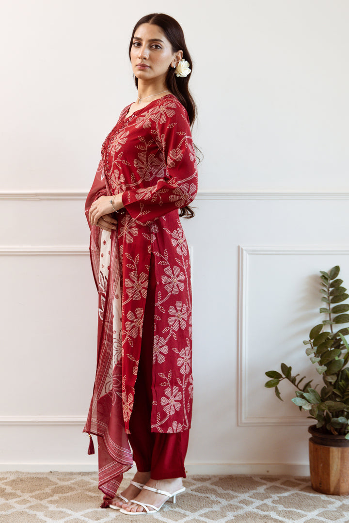 Women's Red Modal Muslin Kurta Pant and Dupatta Set