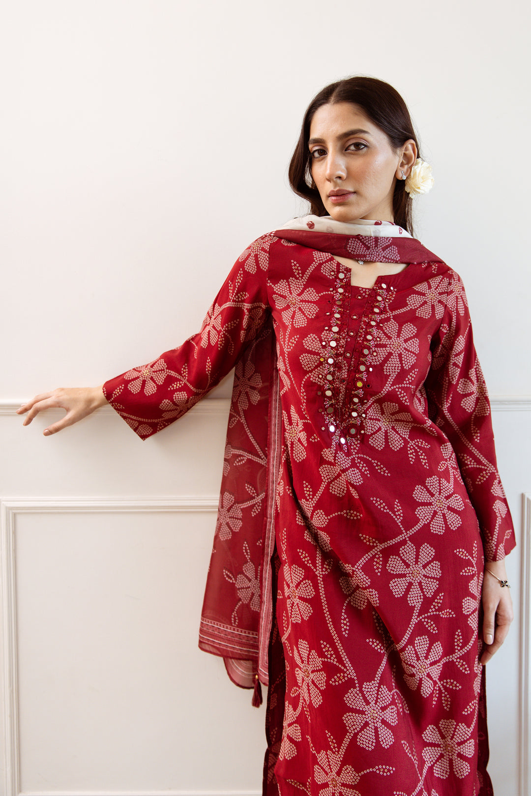 Women's Red Modal Muslin Kurta Pant and Dupatta Set