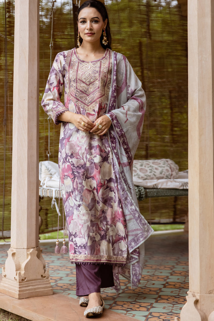 Women's Light Purple Modal Muslin Kurta Pant and Dupatta Set