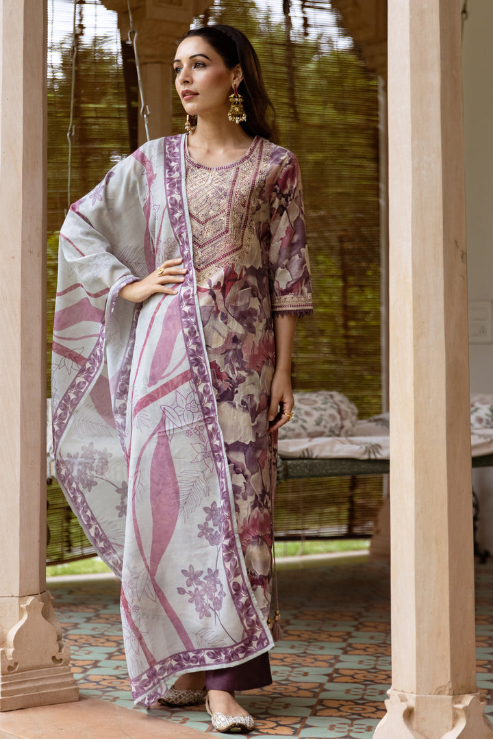 Women's Light Purple Modal Muslin Kurta Pant and Dupatta Set