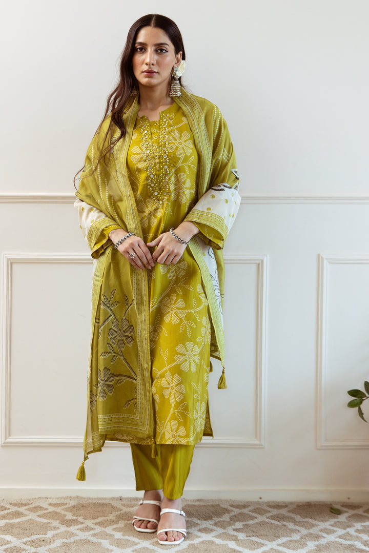 Women's Green Modal Muslin Kurta Pant and Dupatta Set