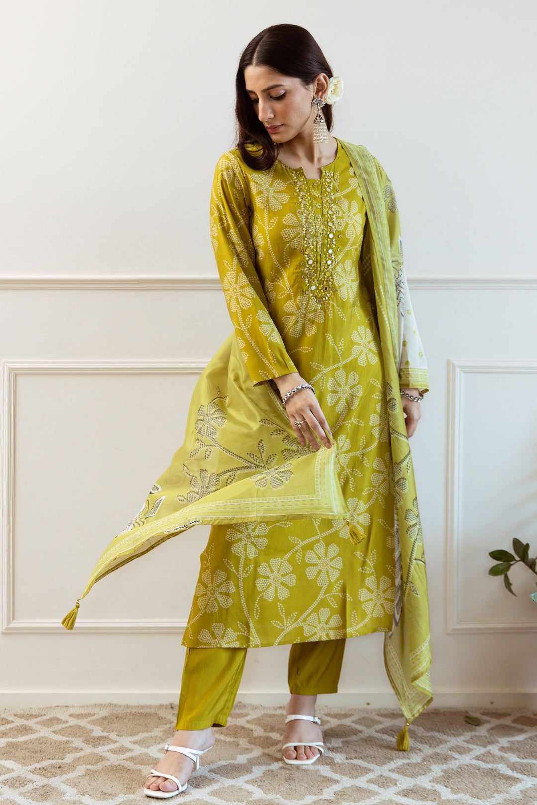 Women's Green Modal Muslin Kurta Pant and Dupatta Set