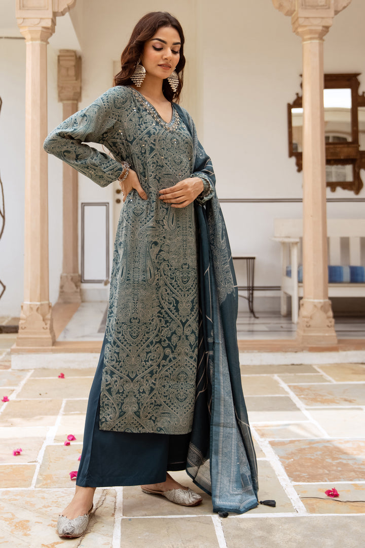 Women's Teal Modal Muslin Kurta Pant and Dupatta Set