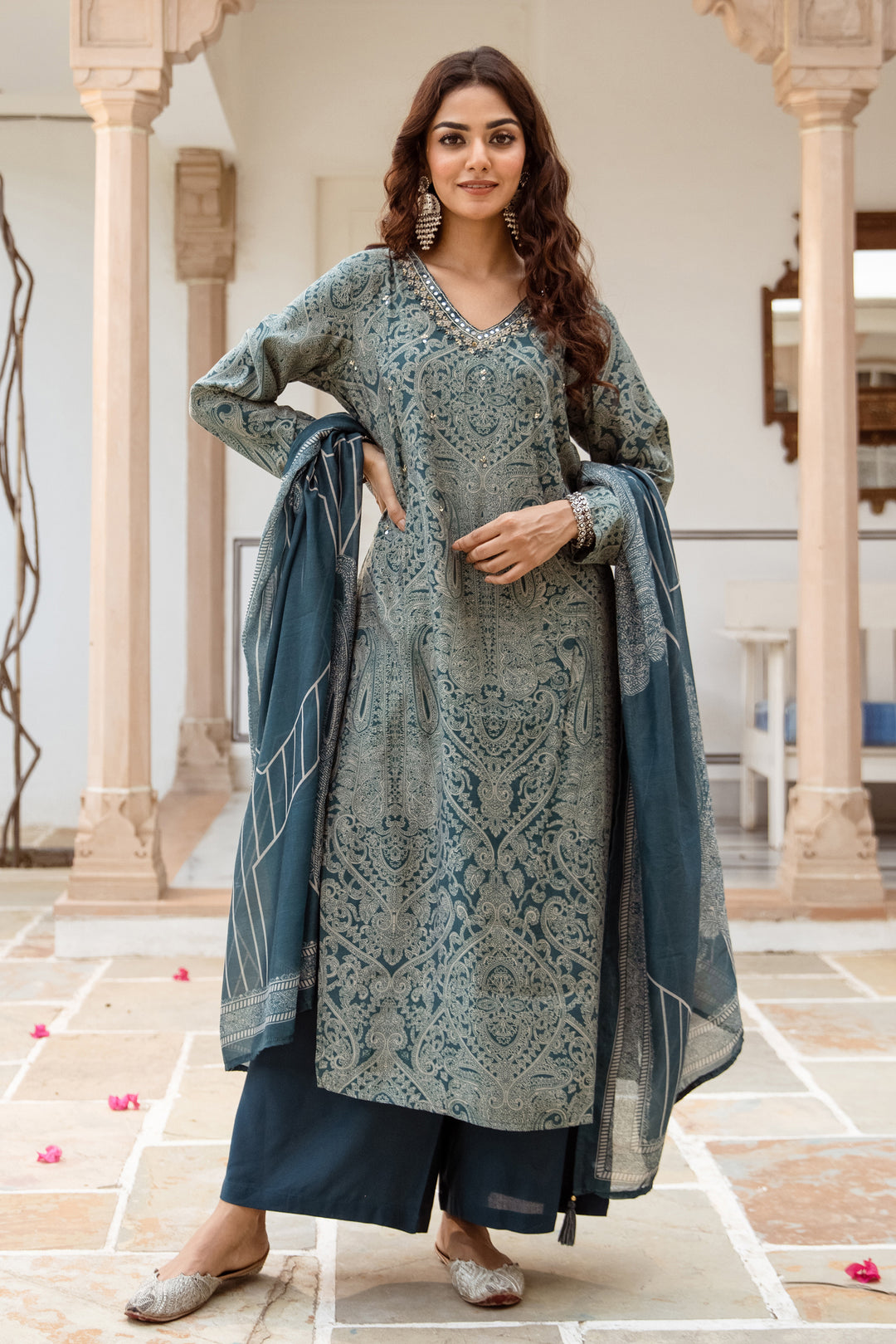 Women's Teal Modal Muslin Kurta Pant and Dupatta Set