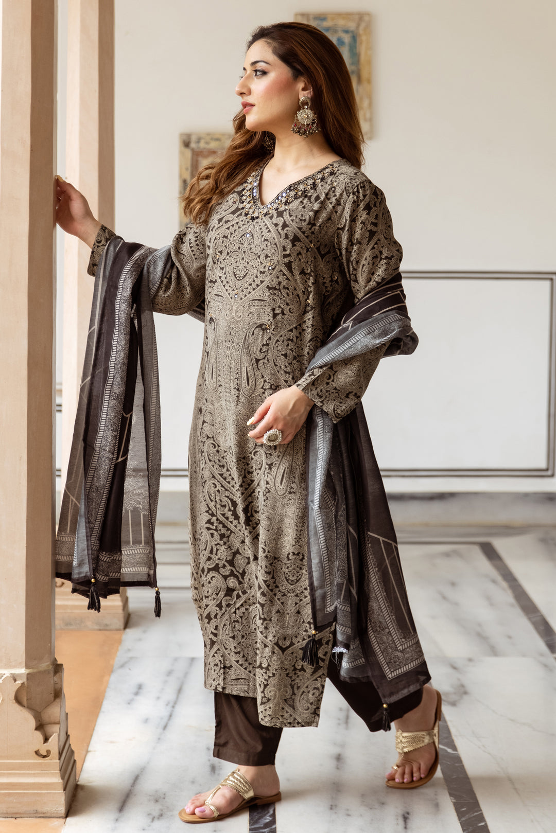 Women's Black Modal Muslin Kurta Pant and Dupatta Set