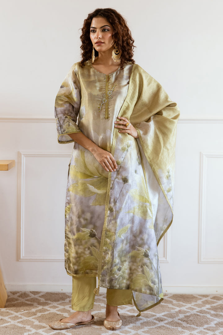 Women's Green: Grey Tissue Silk Kurta Pant and Dupatta Set