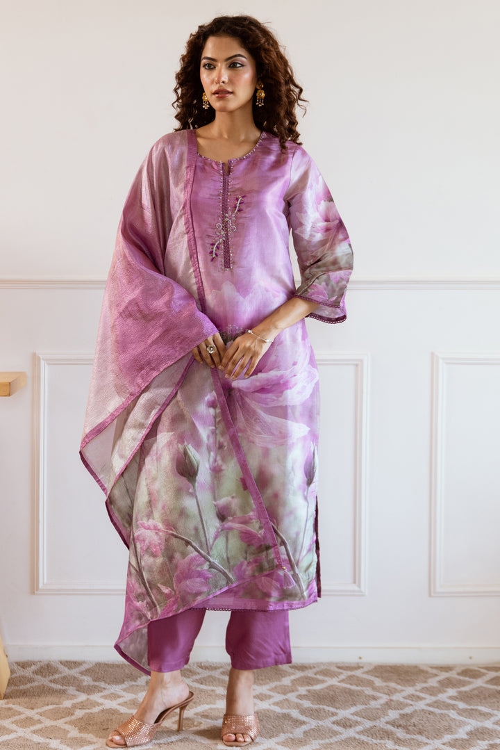 Women's Purple: Grey Tissue Silk Kurta Pant and Dupatta Set