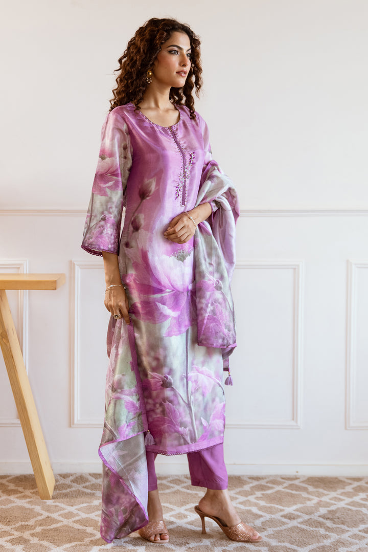 Women's Purple: Grey Tissue Silk Kurta Pant and Dupatta Set