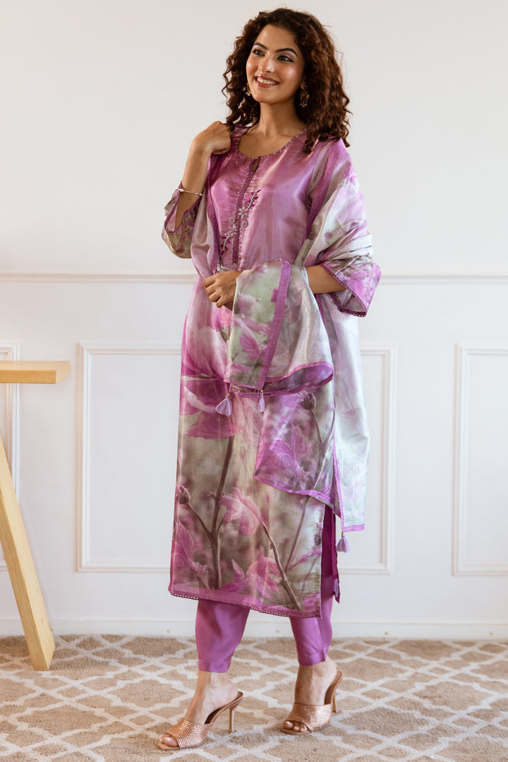 Women's Purple: Grey Tissue Silk Kurta Pant and Dupatta Set