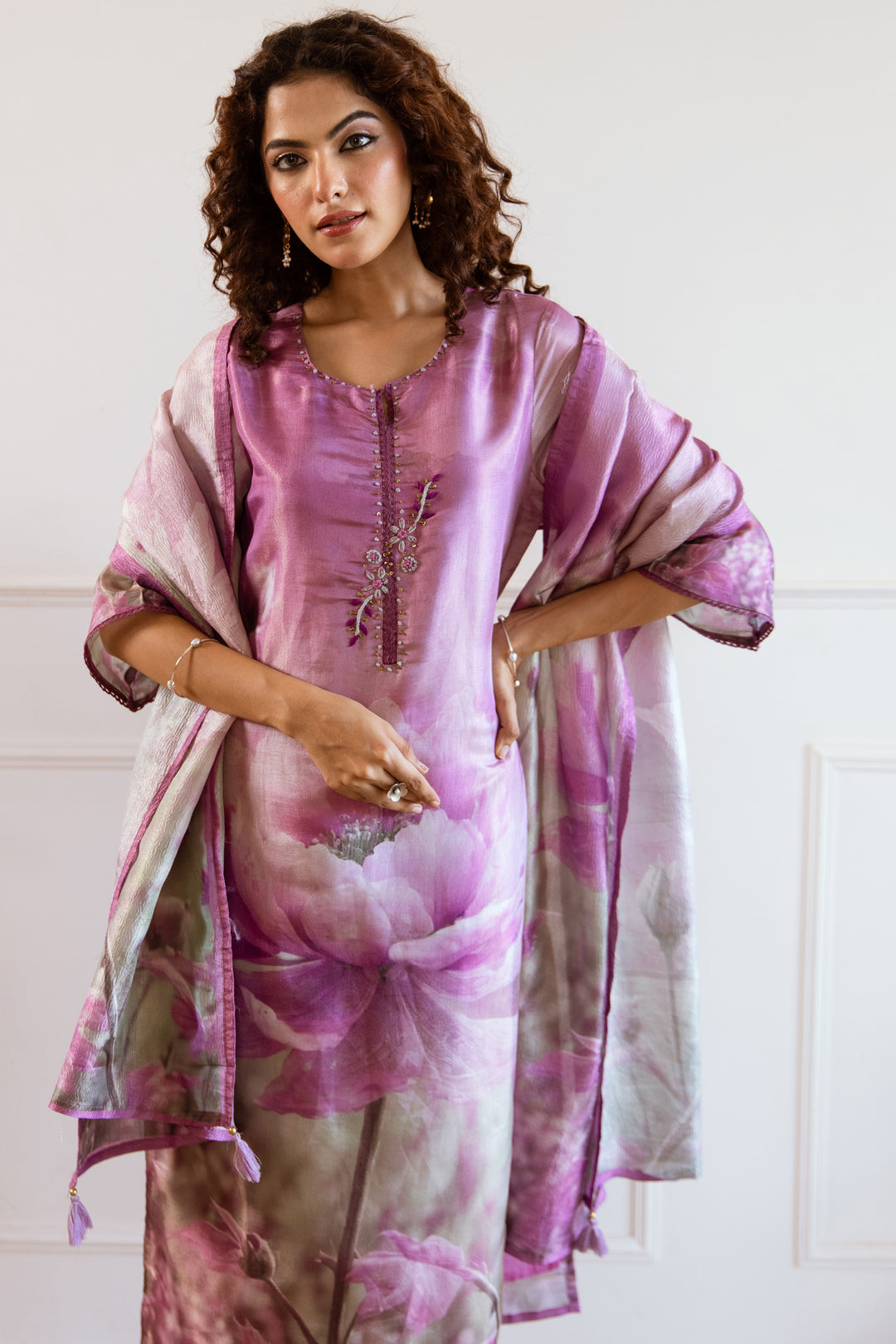 Women's Purple: Grey Tissue Silk Kurta Pant and Dupatta Set