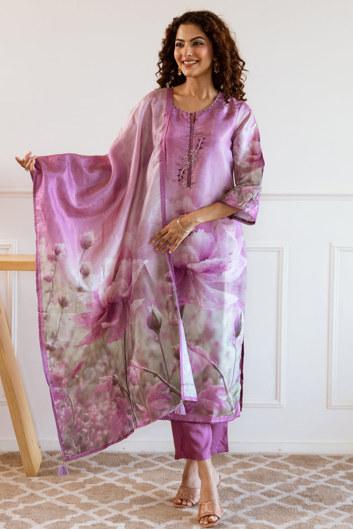 Women's Purple: Grey Tissue Silk Kurta Pant and Dupatta Set