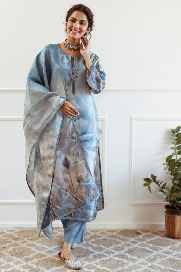 Women's Turquoise: Grey Tissue Silk Kurta Pant and Dupatta Set