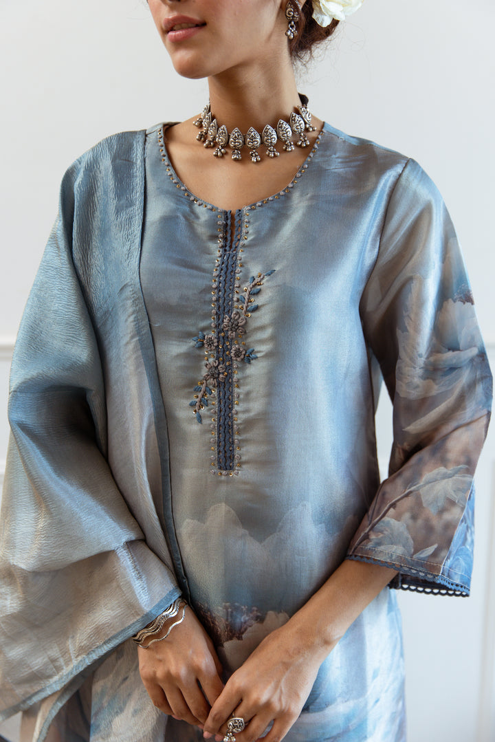 Women's Turquoise: Grey Tissue Silk Kurta Pant and Dupatta Set