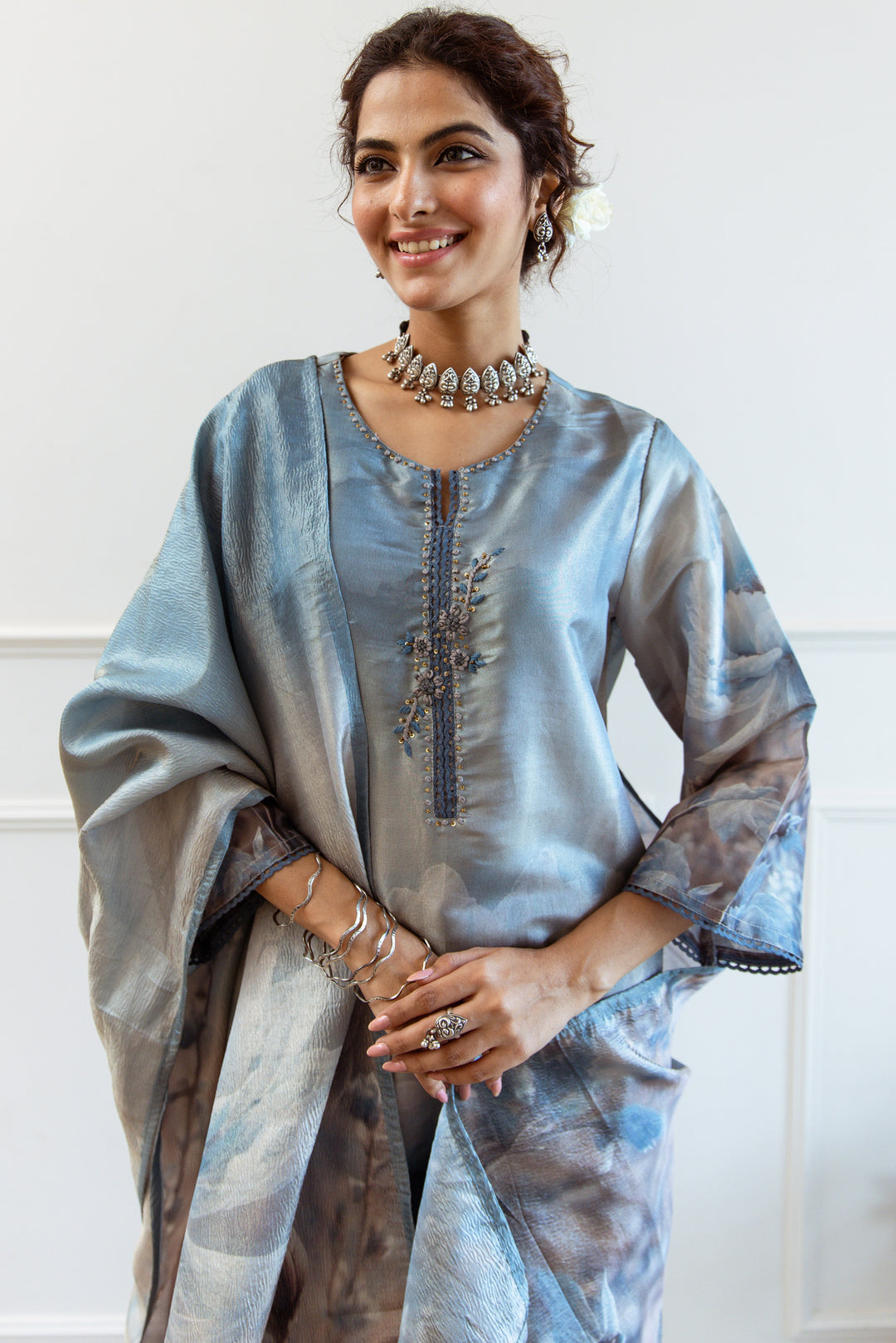 Women's Turquoise: Grey Tissue Silk Kurta Pant and Dupatta Set