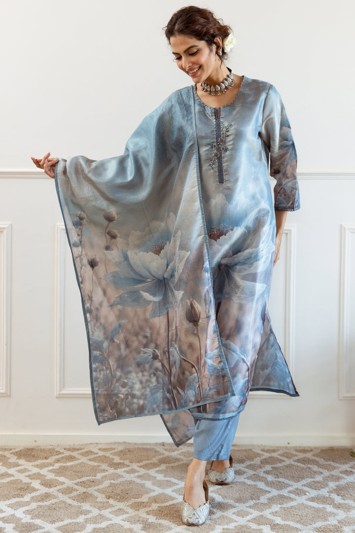 Women's Turquoise: Grey Tissue Silk Kurta Pant and Dupatta Set