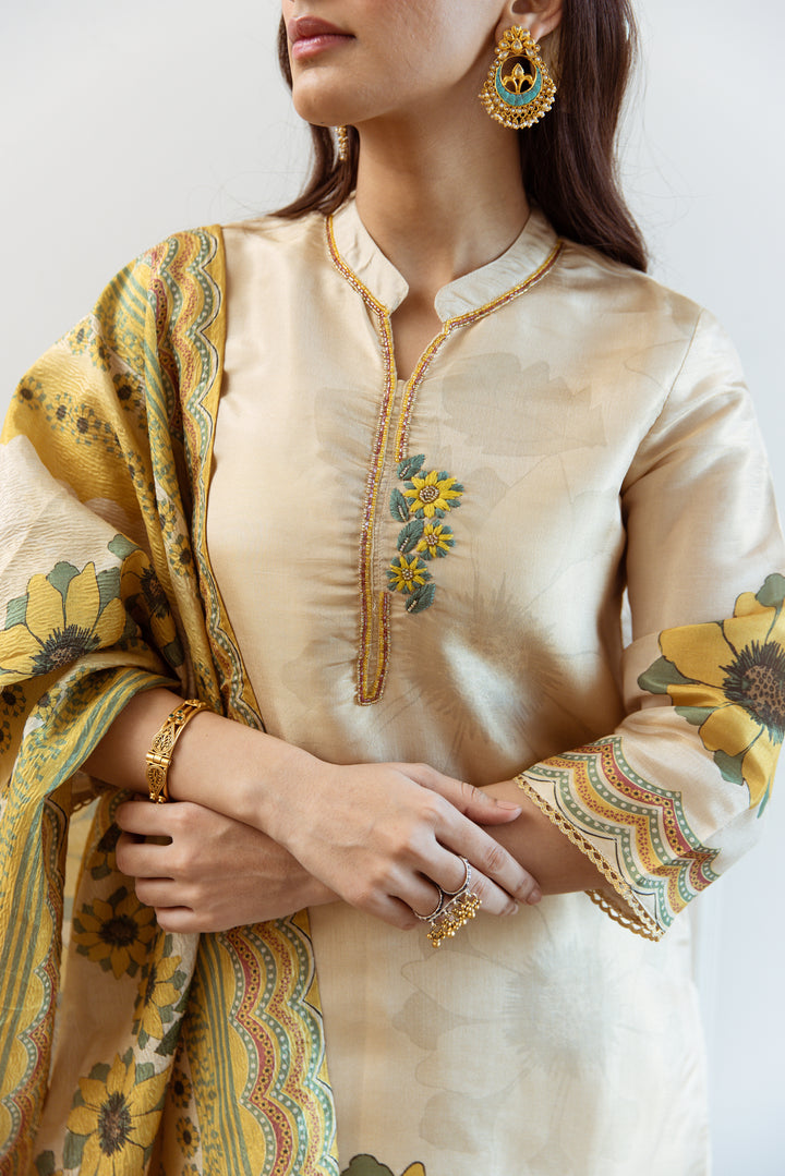 Women's Beige: Mustard Tissue Silk Kurta Pant and Dupatta Set