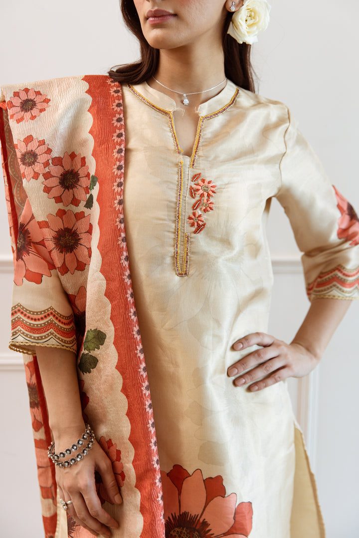 Women's Beige: Red Tissue Silk Kurta Pant and Dupatta Set