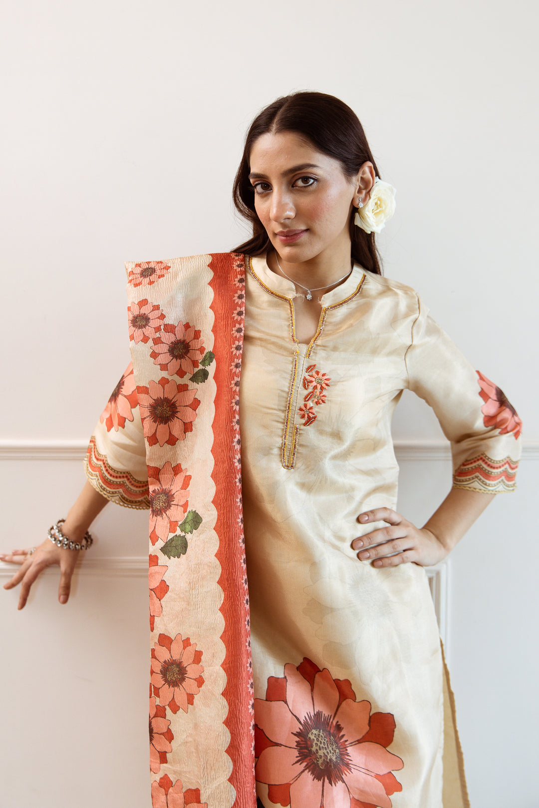 Women's Beige: Red Tissue Silk Kurta Pant and Dupatta Set