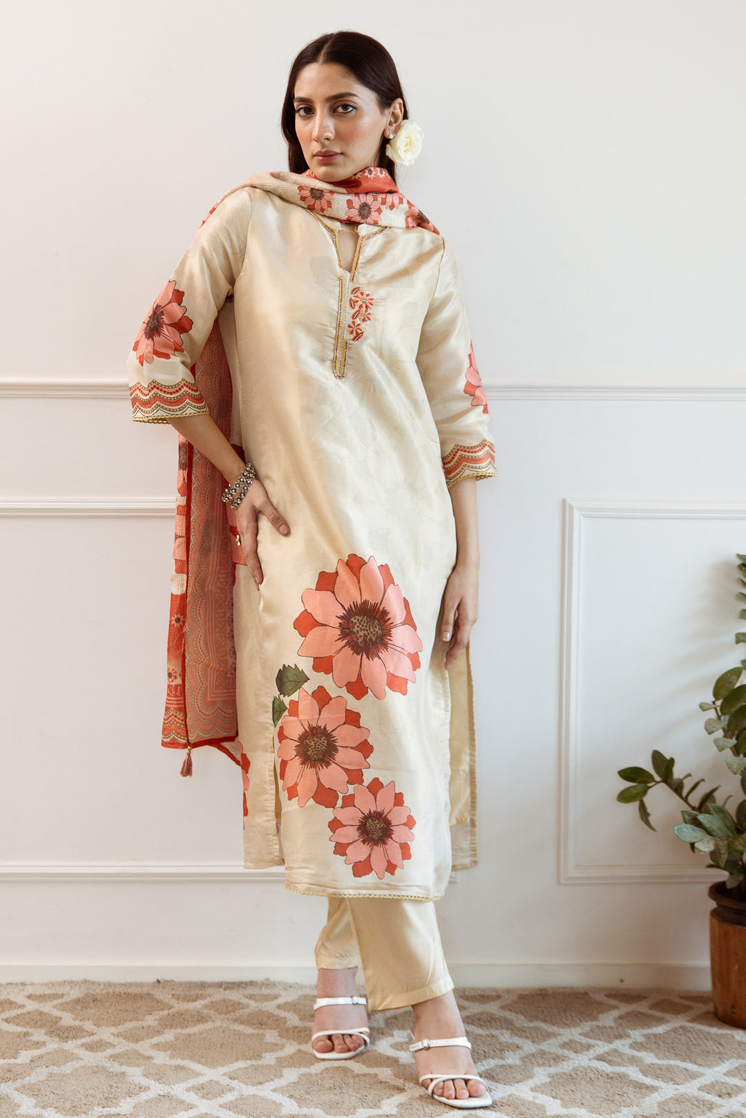 Women's Beige: Red Tissue Silk Kurta Pant and Dupatta Set