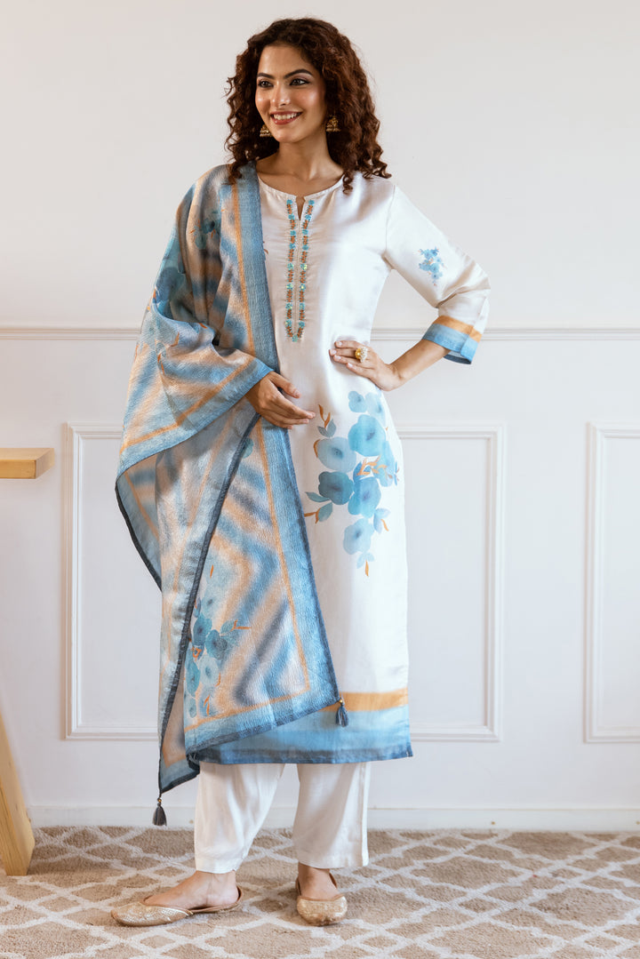 Women's Beige: Teal Tissue Silk Kurta Pant and Dupatta Set