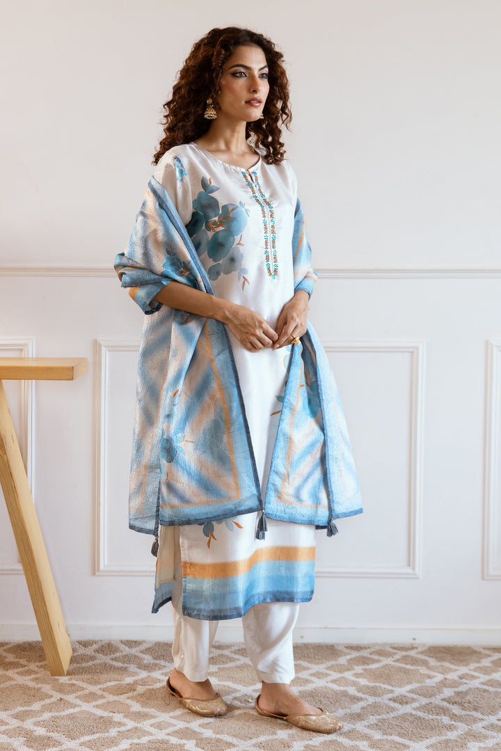 Women's Beige: Teal Tissue Silk Kurta Pant and Dupatta Set