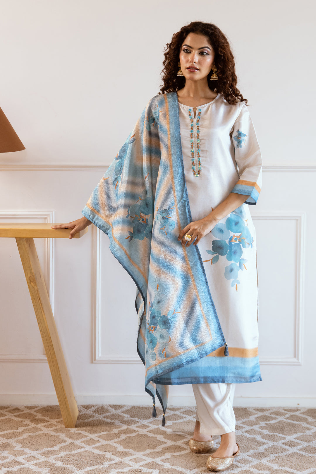 Women's Beige: Teal Tissue Silk Kurta Pant and Dupatta Set