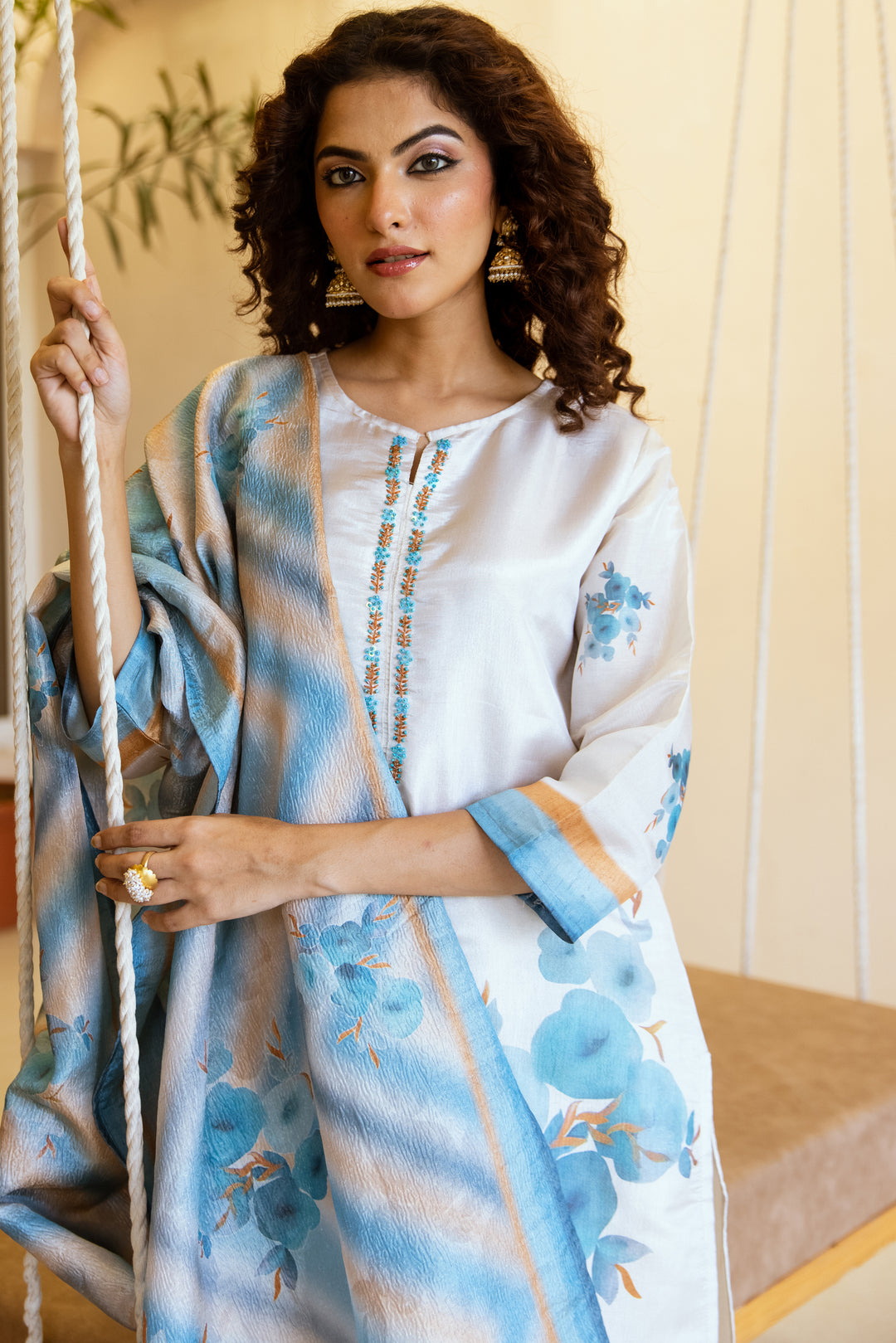 Women's Beige: Teal Tissue Silk Kurta Pant and Dupatta Set